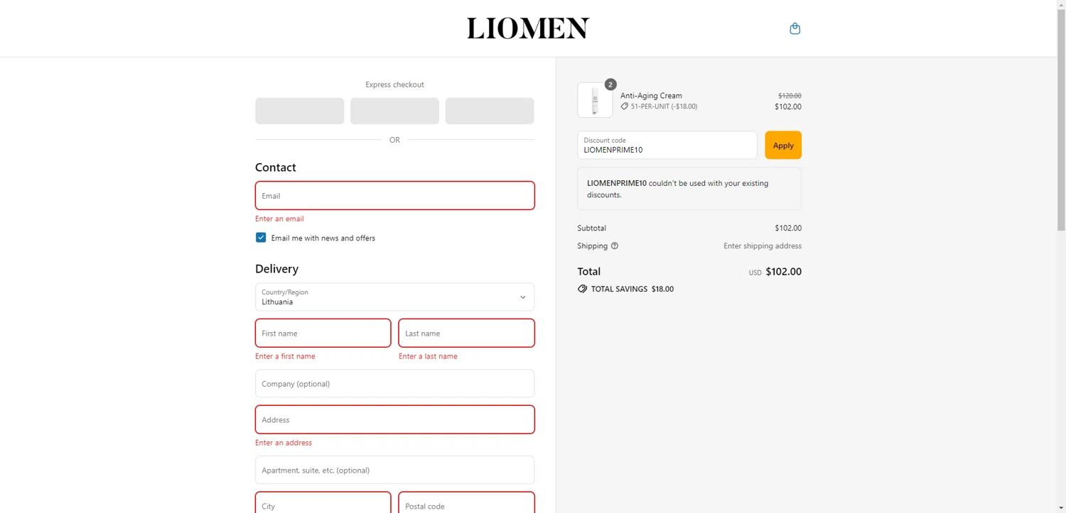 Liomen promo code screenshot showing code LIOMENPRIME10 applied at Liomen checkout page. Uploaded by SimplyCodes community member PennyRanger8219 on Aug 19, 2025