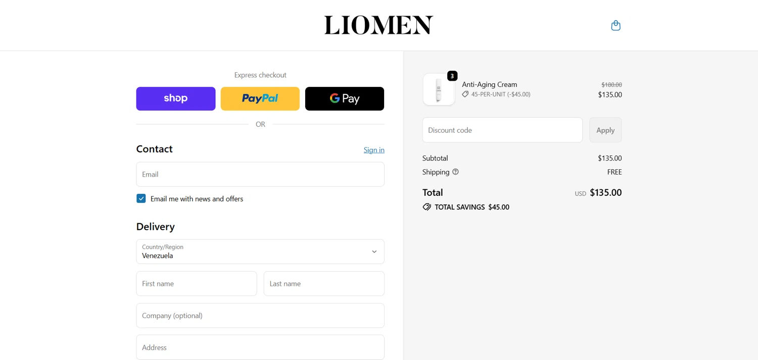 Liomen promo code screenshot showing code 45-PER-UNIT applied at Liomen checkout page. Uploaded by SimplyCodes community member marielysmorales on Oct 23, 2025