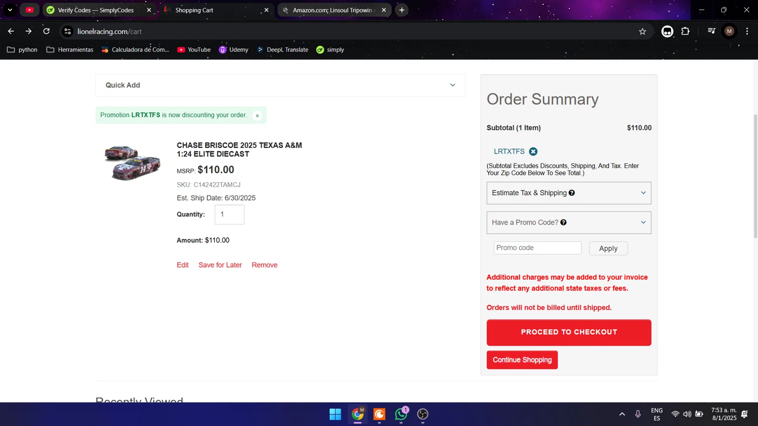 Lionel Racing promo code screenshot showing code LRTXTFS applied at Lionel Racing checkout page. Uploaded by SimplyCodes community member Maocar on Jan 8, 2025