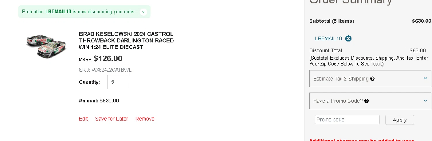 Lionel Racing promo code screenshot showing code LREMAIL10 applied at Lionel Racing checkout page. Uploaded by SimplyCodes community member Netheryno on Jun 3, 2025