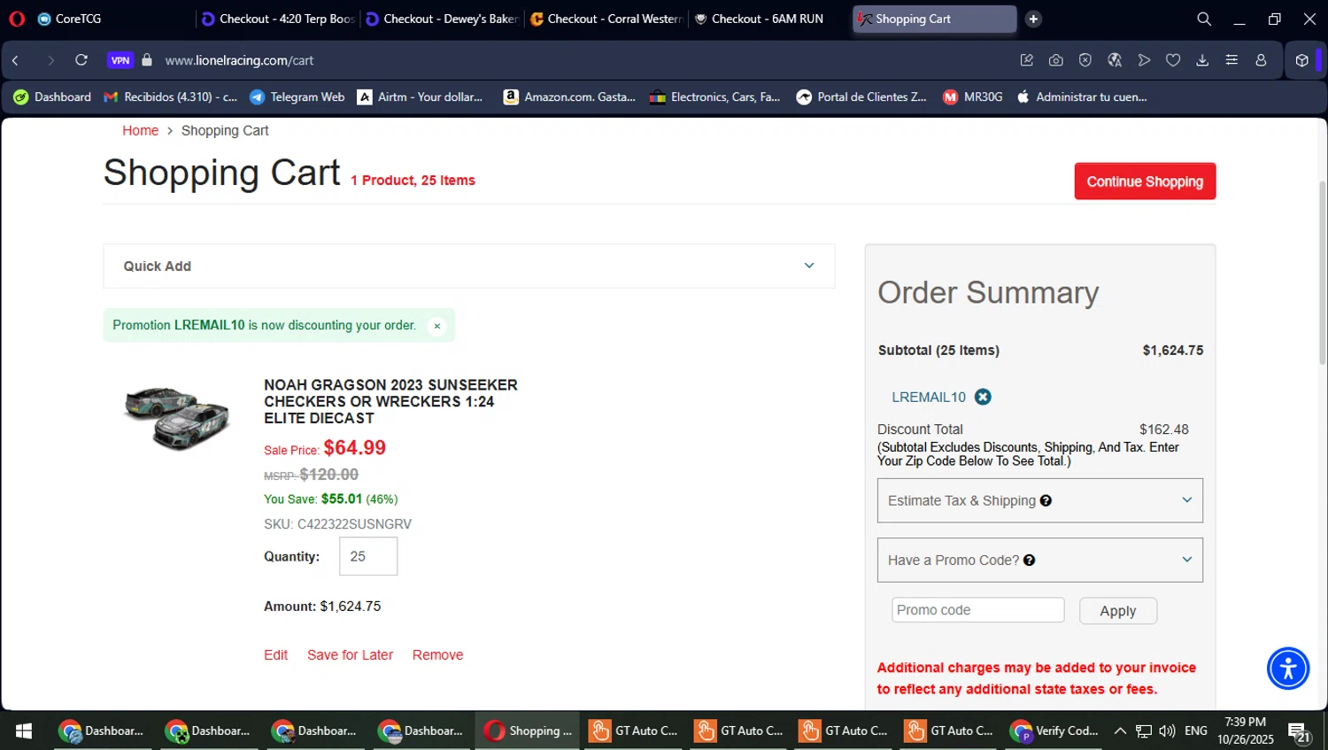 Lionel Racing promo code screenshot showing code LREMAIL10 applied at Lionel Racing checkout page. Uploaded by SimplyCodes community member Suicune on Oct 26, 2025