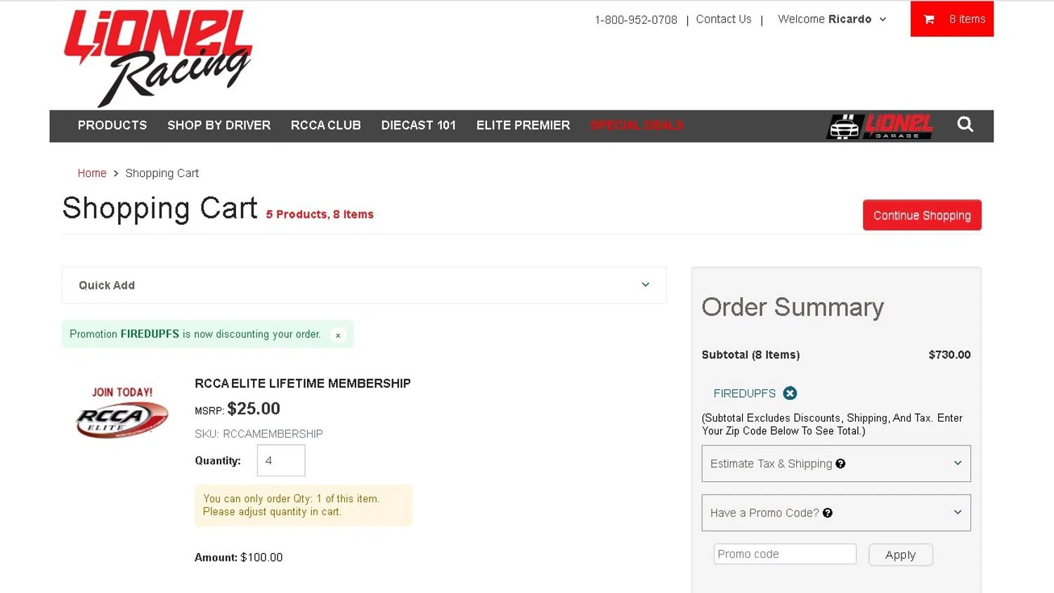 Lionel Racing promo code screenshot showing code FIREDUPFS applied at Lionel Racing checkout page. Uploaded by SimplyCodes community member LAMINEJAMAL on May 17, 2025