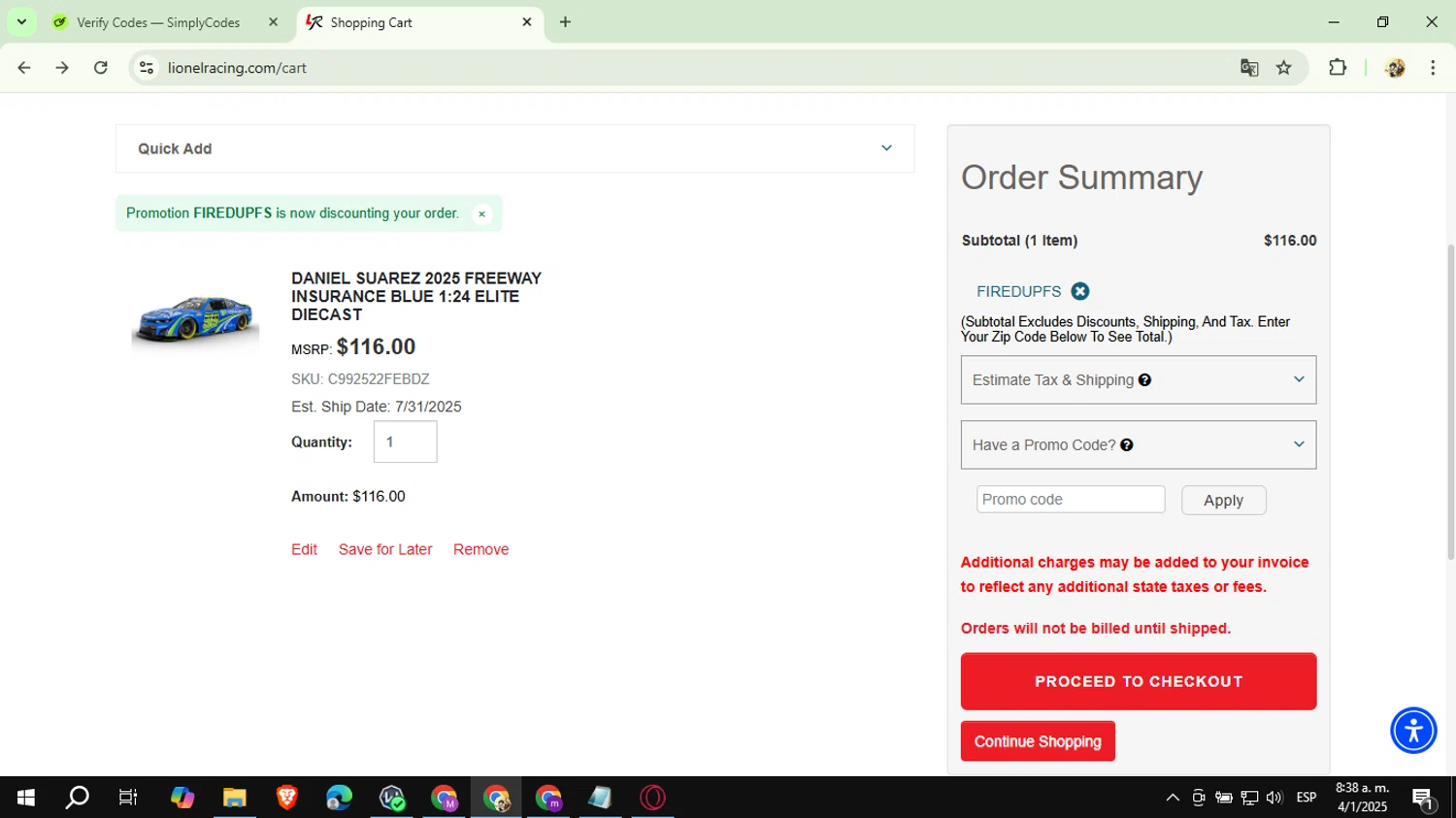 Lionel Racing promo code screenshot showing code FIREDUPFS applied at Lionel Racing checkout page. Uploaded by SimplyCodes community member CashExpert3657 on Jan 4, 2025