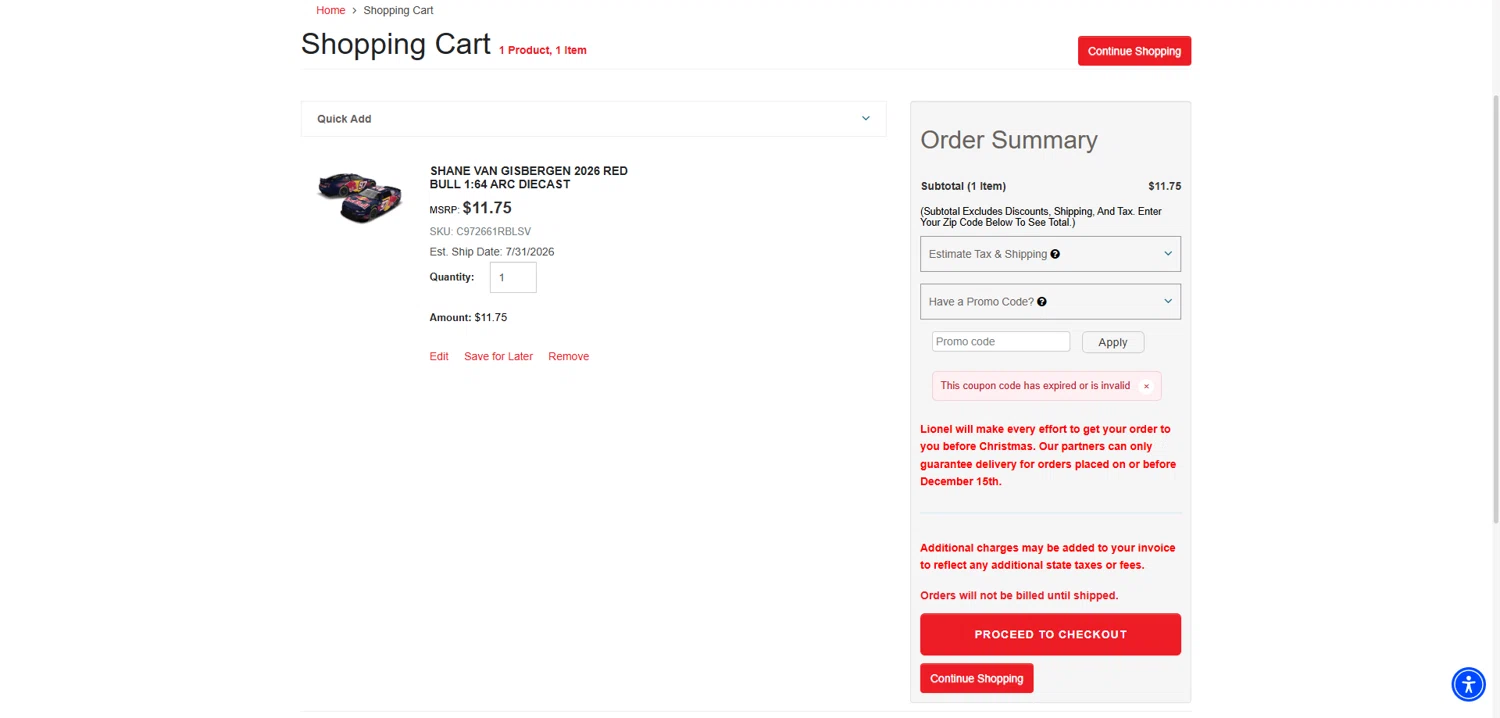 Lionel Racing promo code screenshot showing code JRFREEMEMBERSHIP applied at Lionel Racing checkout page. Uploaded by SimplyCodes community member EpicLegend237 on Jan 13, 2026