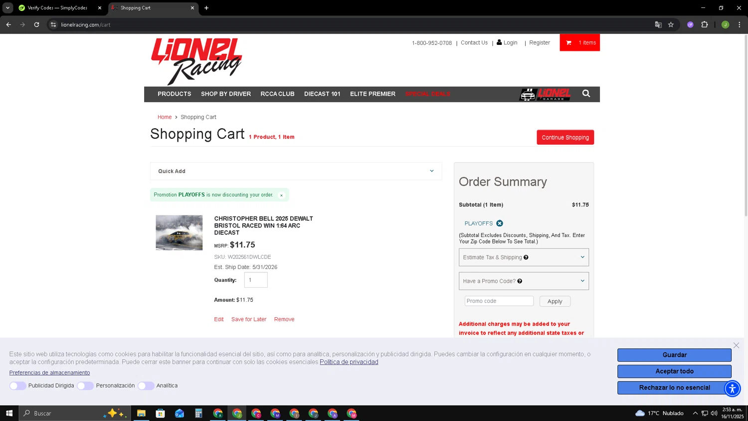 Lionel Racing checkout page showing Lionel Racing promo code box | Screenshot taken by SimplyCodes community member on Nov 16, 2025