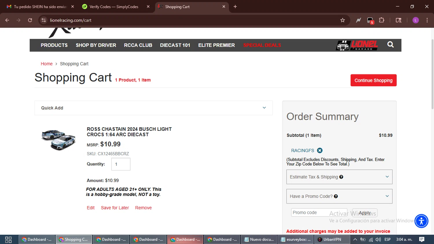 Lionel Racing promo code screenshot showing code RACINGFS applied at Lionel Racing checkout page. Uploaded by SimplyCodes community member RewardScout5160 on Nov 16, 2025