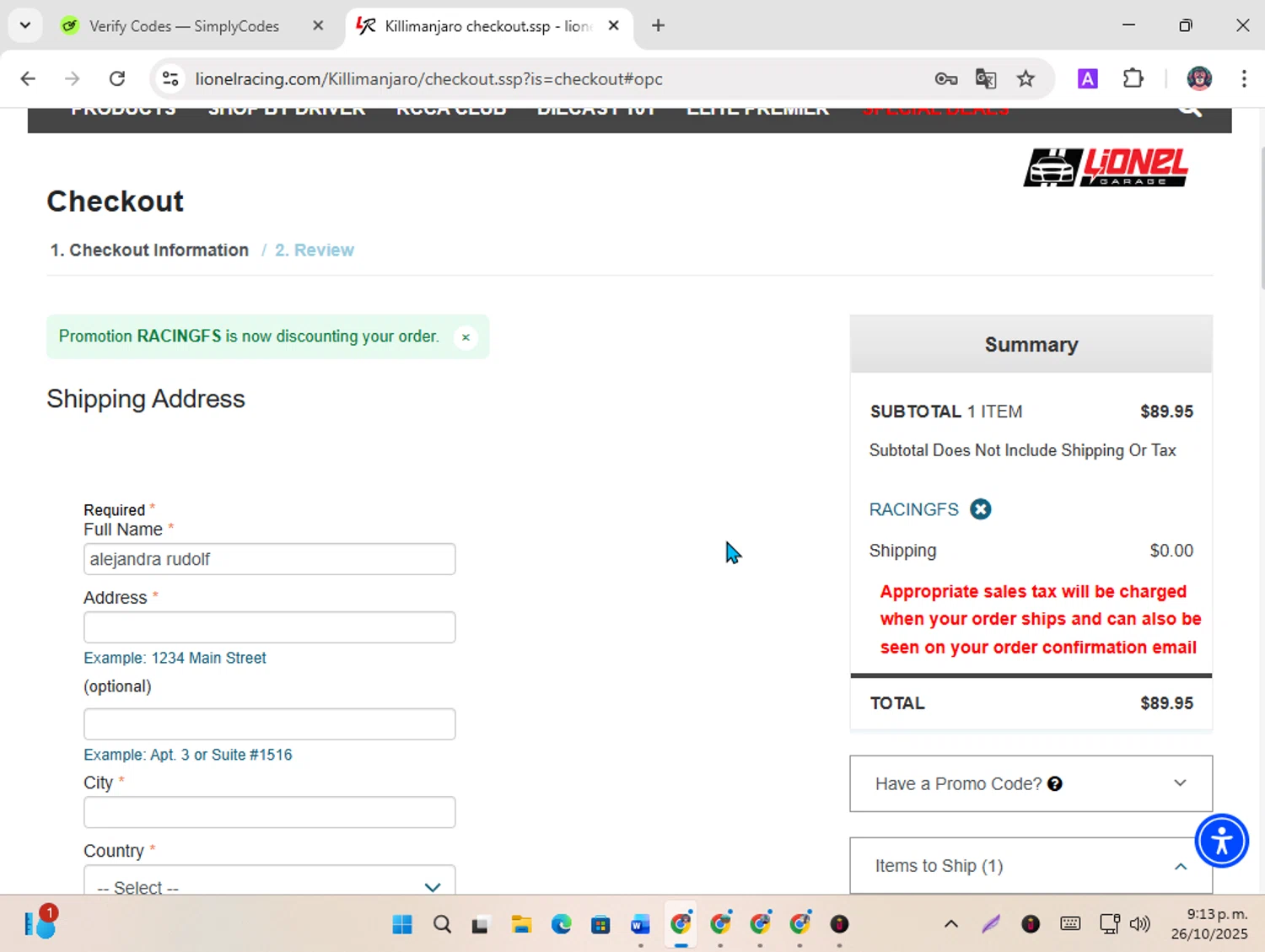 Lionel Racing promo code screenshot showing code RACINGFS applied at Lionel Racing checkout page. Uploaded by SimplyCodes community member karoline on Oct 27, 2025