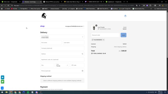 Lion Energy checkout page showing Lion Energy coupon code box | Screenshot taken by SimplyCodes community member on Aug 31, 2025