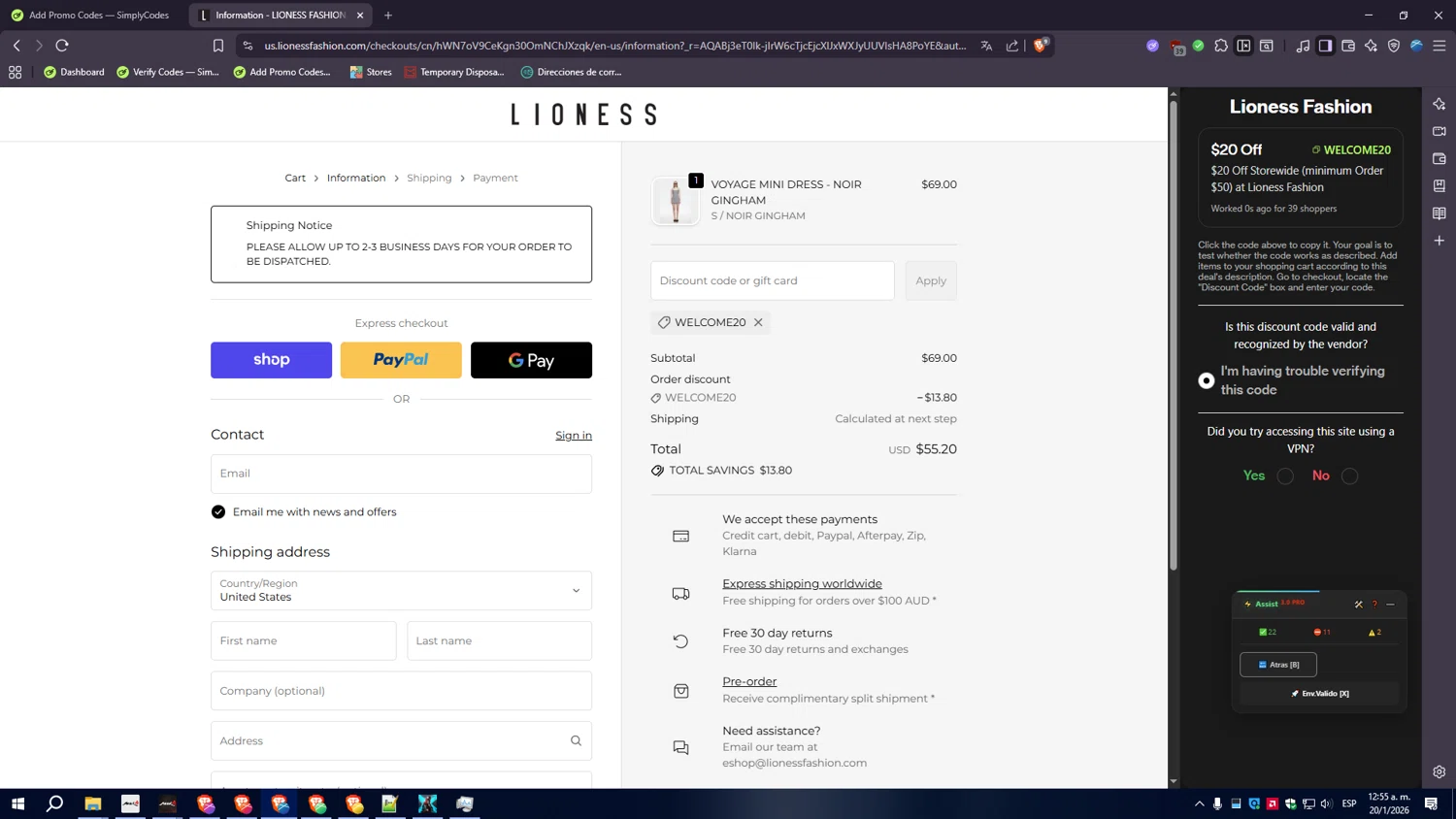 Lioness Fashion promo code screenshot showing code WELCOME20 applied at Lioness Fashion checkout page. Uploaded by SimplyCodes community member GoldSaver3857 on Jan 20, 2026