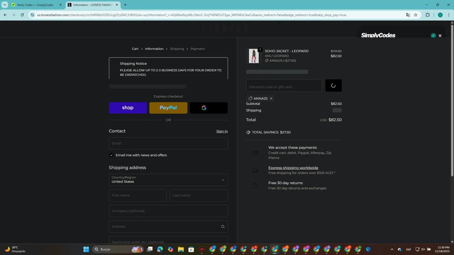 Lioness Fashion promo code screenshot showing code anna25 applied at Lioness Fashion checkout page. Uploaded by SimplyCodes community member SavingsRanger5017 on Dec 19, 2025