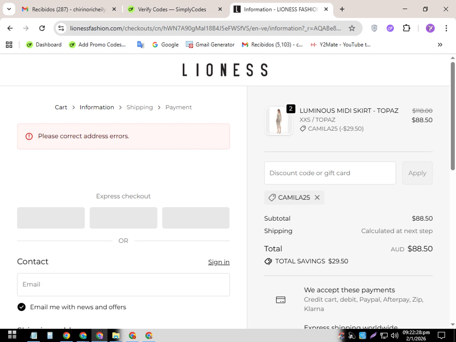 Lioness Fashion promo code screenshot showing code camila25 applied at Lioness Fashion checkout page. Uploaded by SimplyCodes community member CouponSentinel5832 on Jan 3, 2026