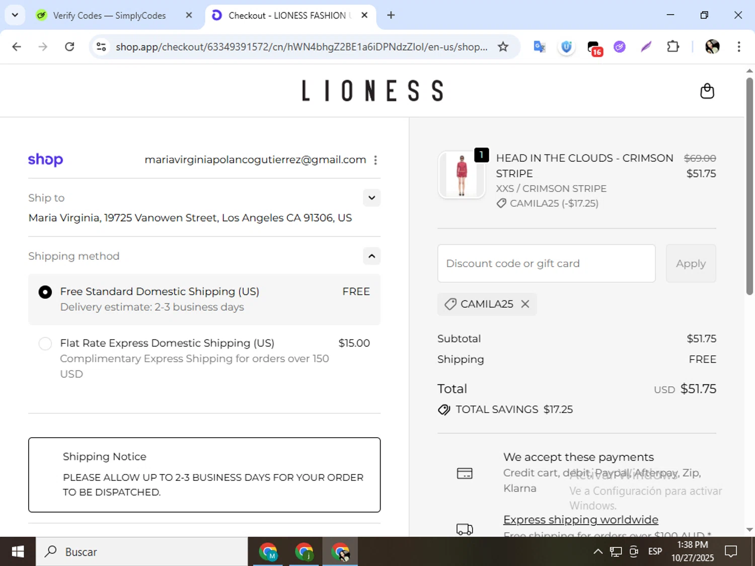 Lioness Fashion promo code screenshot showing code camila25 applied at Lioness Fashion checkout page. Uploaded by SimplyCodes community member mariapolancog on Oct 27, 2025