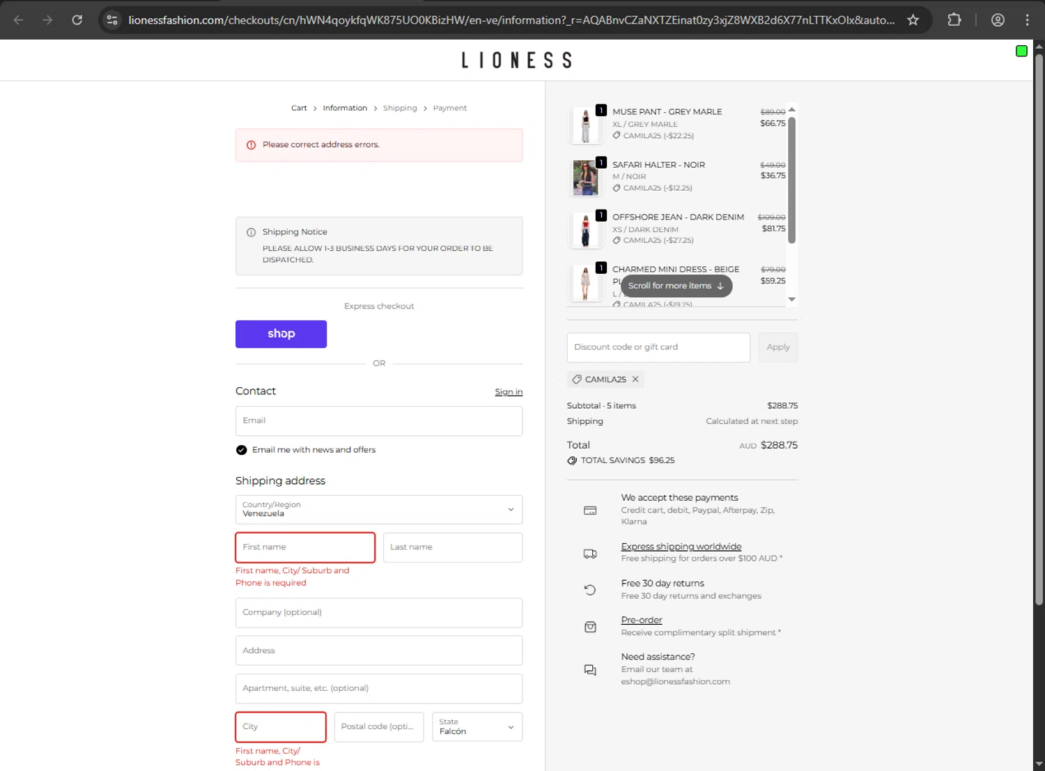 Lioness Fashion promo code screenshot showing code camila25 applied at Lioness Fashion checkout page. Uploaded by SimplyCodes community member nikelson on Nov 3, 2025