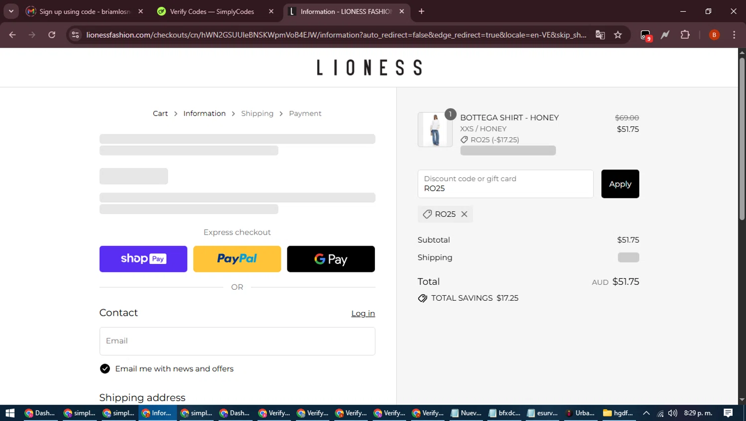 Lioness Fashion promo code screenshot showing code RO25 applied at Lioness Fashion checkout page. Uploaded by SimplyCodes community member DiscountExpert6435 on Aug 27, 2025