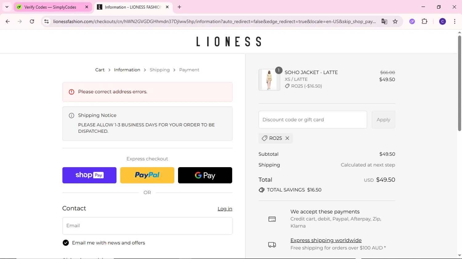 Lioness Fashion promo code screenshot showing code RO25 applied at Lioness Fashion checkout page. Uploaded by SimplyCodes community member MoneyWizard2699 on Aug 27, 2025