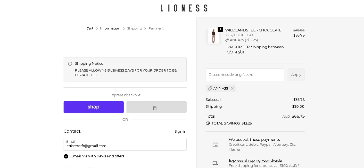 Lioness Fashion promo code screenshot showing code ANNA25 applied at Lioness Fashion checkout page. Uploaded by SimplyCodes community member BLUEBLASTOISE on Dec 19, 2025