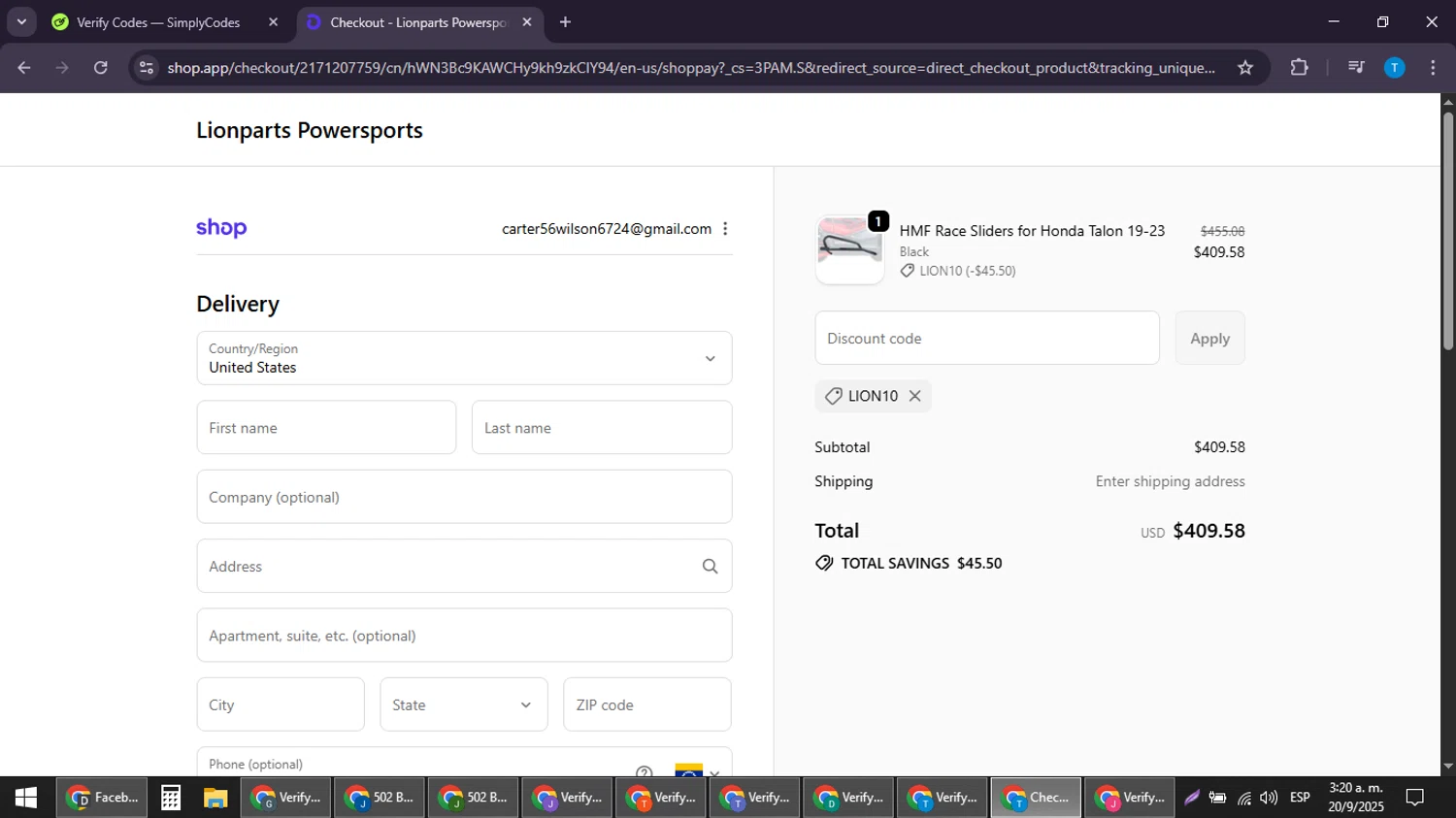 Lionparts discount code screenshot showing code LION10 applied at Lionparts checkout page. Uploaded by SimplyCodes community member LuckyPioneer4530 on Sep 20, 2025