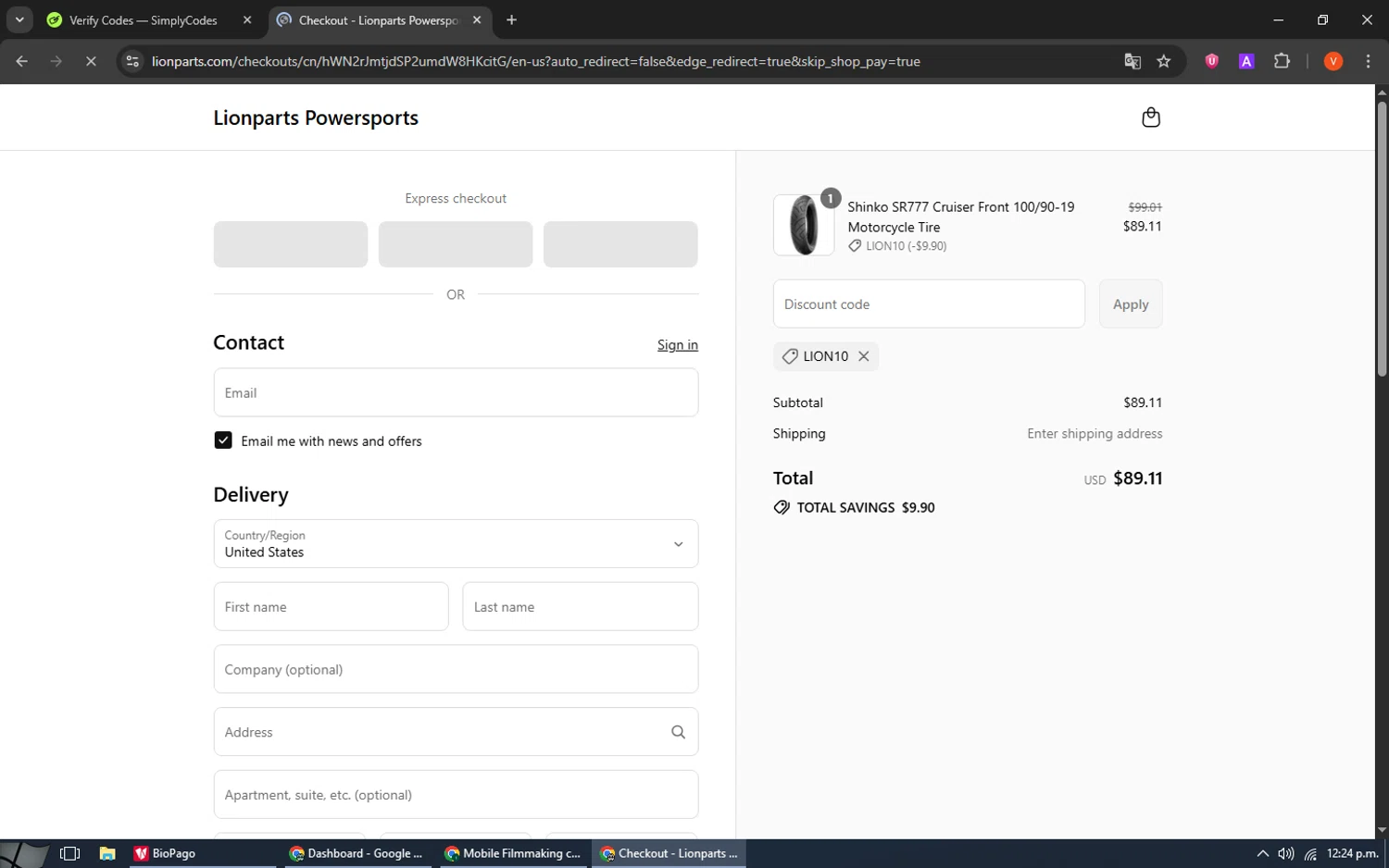 Lionparts discount code screenshot showing code LION10 applied at Lionparts checkout page. Uploaded by SimplyCodes community member SavingsCaptain8190 on Sep 11, 2025