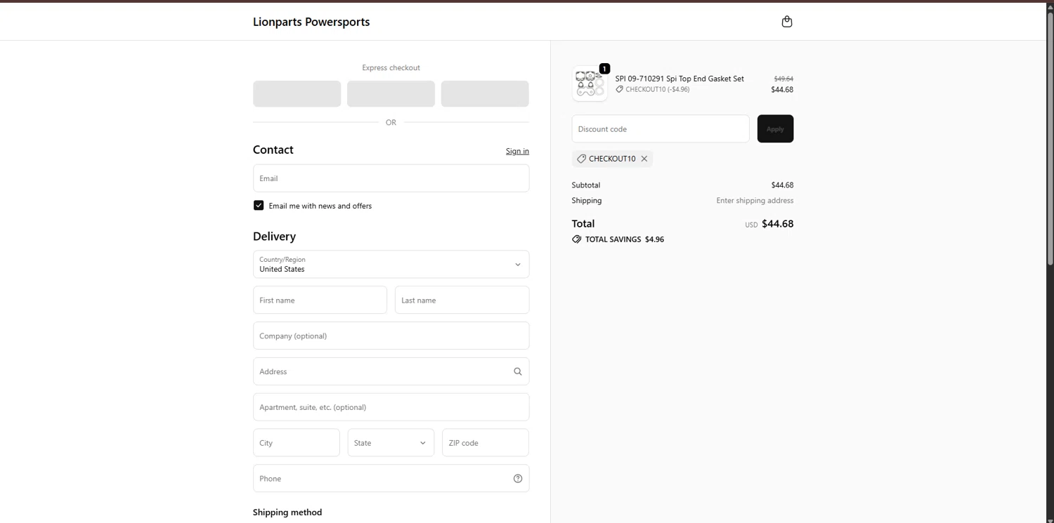 Lionparts discount code screenshot showing code checkout10 applied at Lionparts checkout page. Uploaded by SimplyCodes community member ValueGenius9720 on Oct 18, 2025