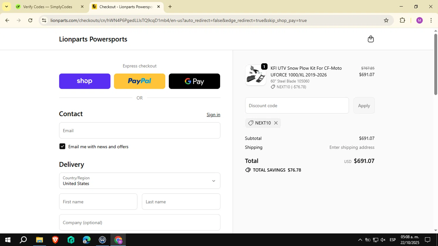 Lionparts discount code screenshot showing code NEXT10 applied at Lionparts checkout page. Uploaded by SimplyCodes community member NobleSeeker3177 on Oct 22, 2025