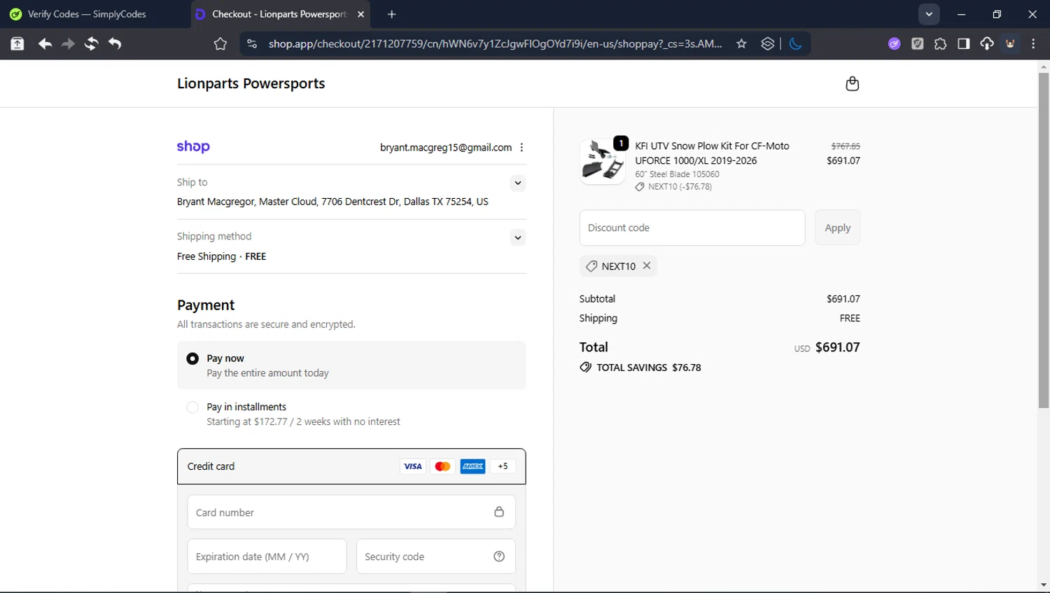 Lionparts discount code screenshot showing code NEXT10 applied at Lionparts checkout page. Uploaded by SimplyCodes community member USER_RANDON on Dec 27, 2025
