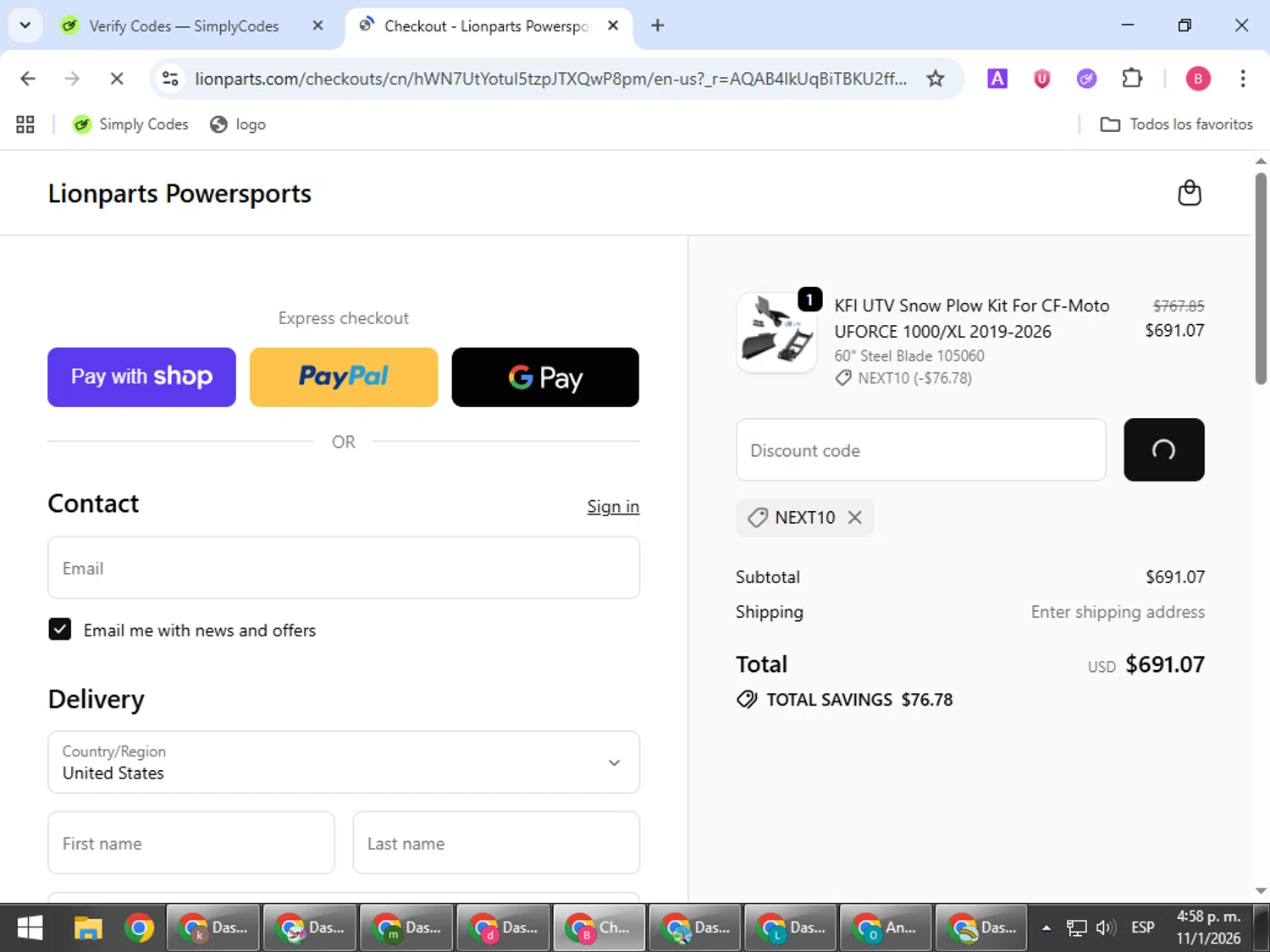 Lionparts discount code screenshot showing code NEXT10 applied at Lionparts checkout page. Uploaded by SimplyCodes community member bombontropical on Jan 11, 2026