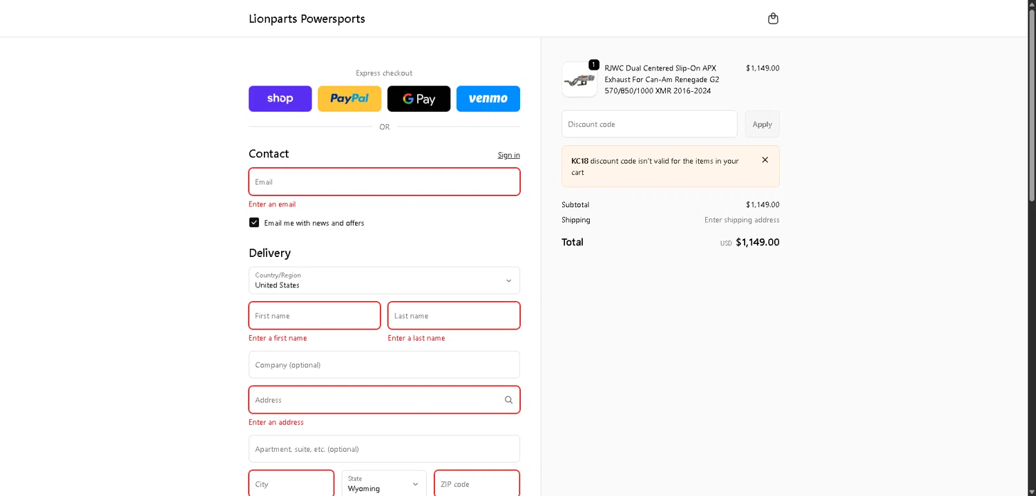 Lionparts discount code screenshot showing code KC18 applied at Lionparts checkout page. Uploaded by SimplyCodes community member ValueWarden2887 on Dec 26, 2025