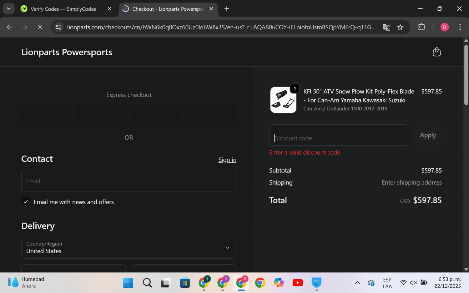 Lionparts discount code screenshot showing code LEVER13 applied at Lionparts checkout page. Uploaded by SimplyCodes community member LuckyHero4650 on Dec 22, 2025