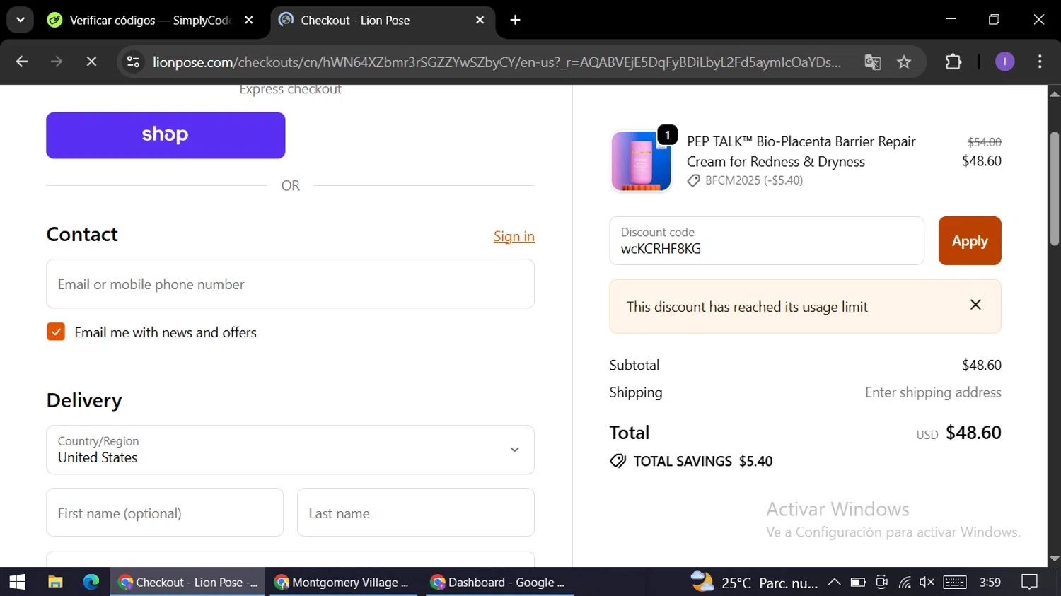Lion Pose promo code screenshot showing code wcKCRHF8KG applied at Lion Pose checkout page. Uploaded by SimplyCodes community member AGP44456545 on Dec 5, 2025