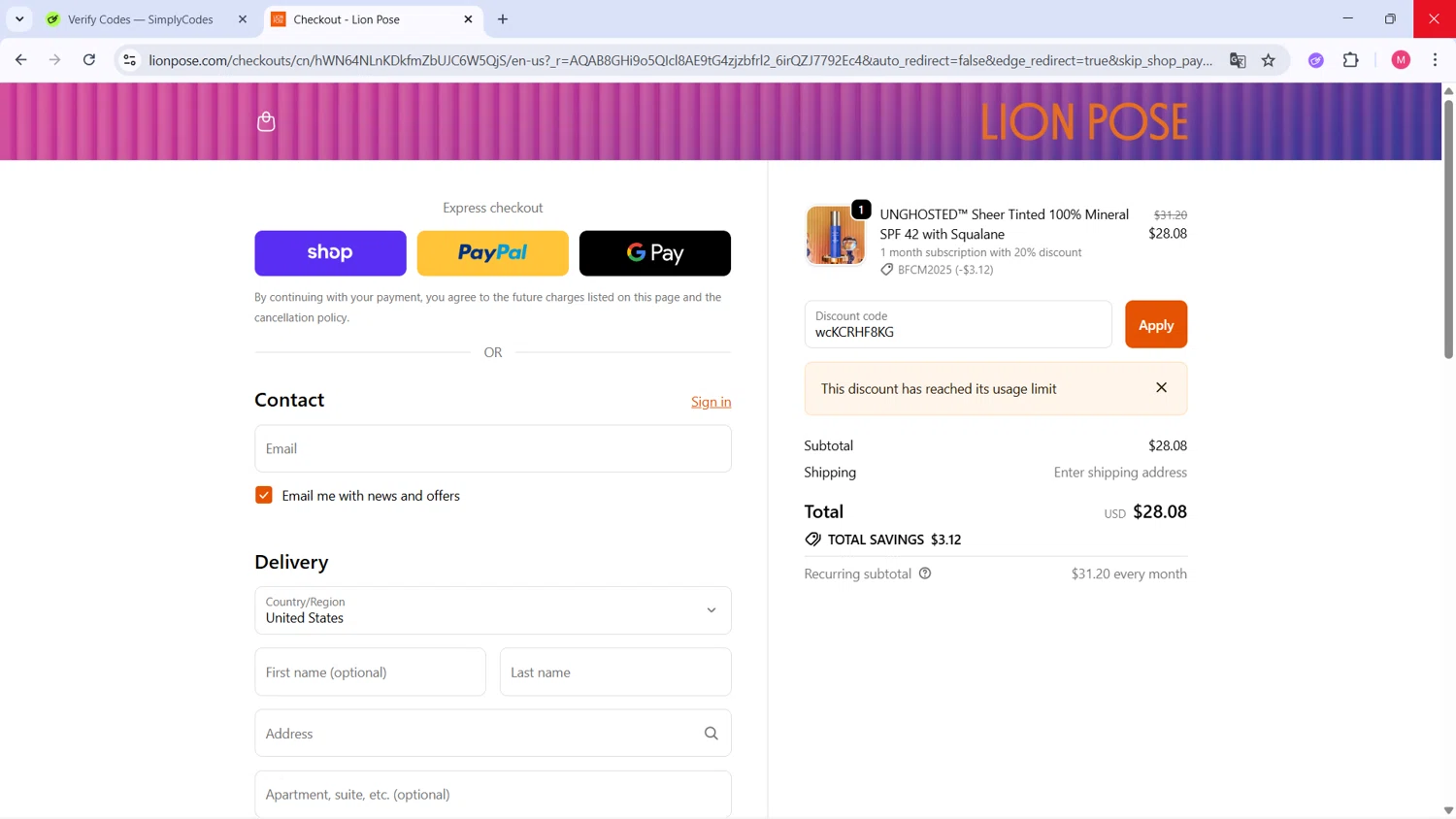 Lion Pose promo code screenshot showing code wcKCRHF8KG applied at Lion Pose checkout page. Uploaded by SimplyCodes community member ValueCollector4159 on Dec 5, 2025