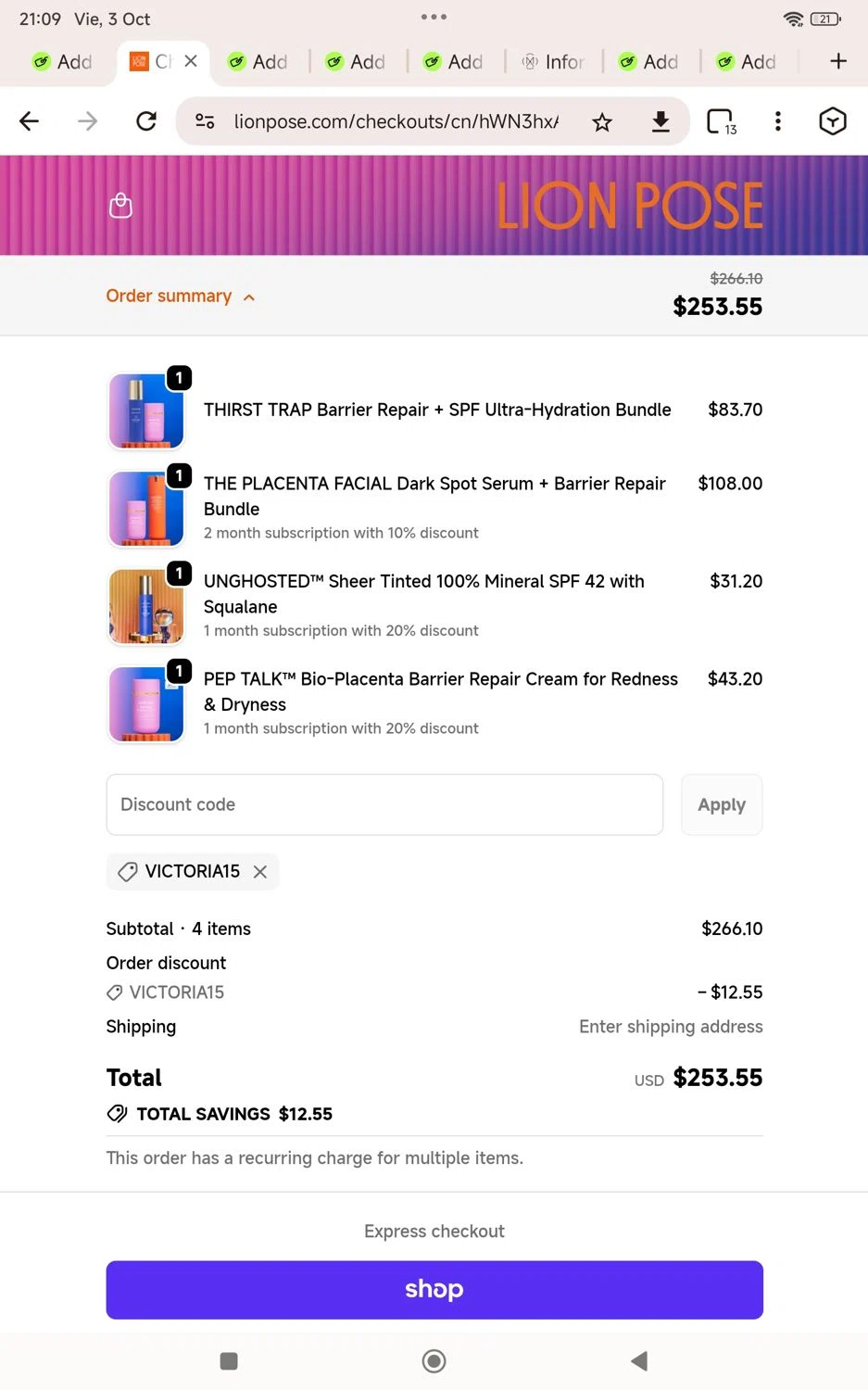 Lion Pose promo code screenshot showing code Victoria15 applied at Lion Pose checkout page. Uploaded by SimplyCodes community member KarinaHZ on Oct 4, 2025