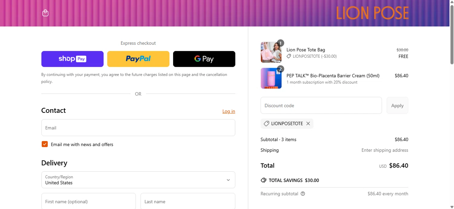 Lion Pose promo code screenshot showing code LIONPOSETOTE applied at Lion Pose checkout page. Uploaded by SimplyCodes community member ______________ on Mar 31, 2025