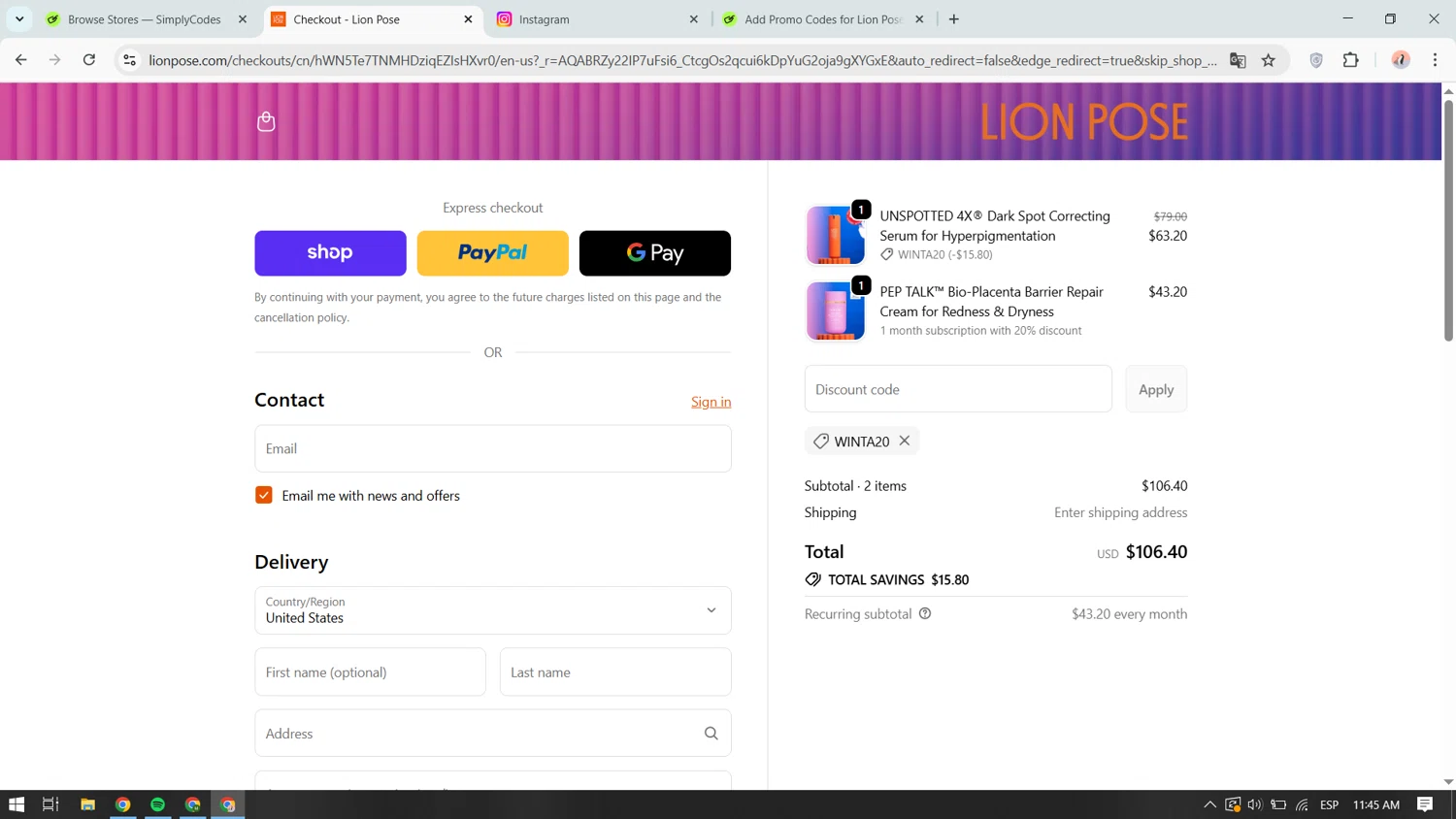 Lion Pose promo code screenshot showing code WINTA20 applied at Lion Pose checkout page. Uploaded by SimplyCodes community member yokoono10 on Nov 19, 2025