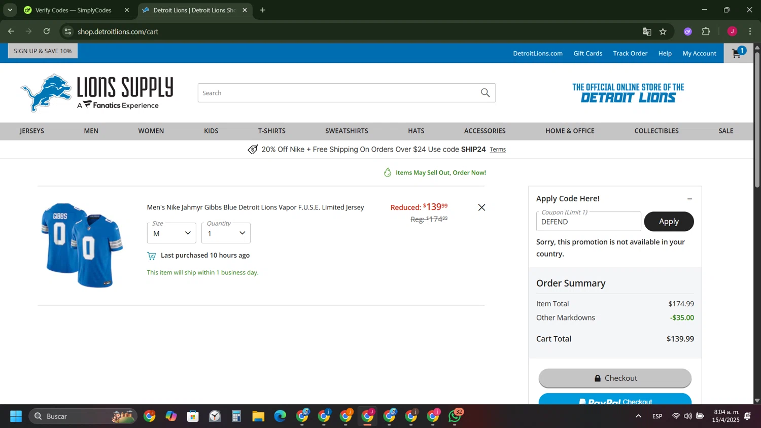 Detroit Lions Shop promo code screenshot showing code DEFEND applied at Detroit Lions Shop checkout page. Uploaded by SimplyCodes community member FrugalFinder745 on Apr 15, 2025