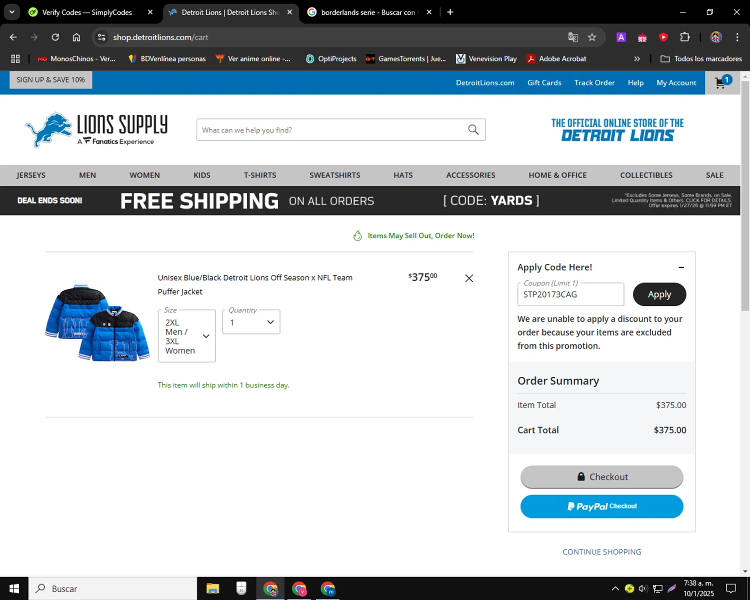 Detroit Lions Shop promo code screenshot showing code STP20173CAG applied at Detroit Lions Shop checkout page. Uploaded by SimplyCodes community member charmander589 on Jan 10, 2025