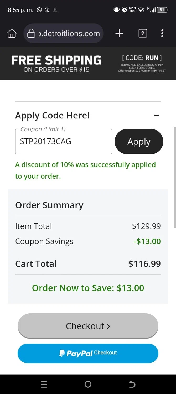 Detroit Lions Shop promo code screenshot showing code STP20173CAG applied at Detroit Lions Shop checkout page. Uploaded by SimplyCodes community member jhonmcflayers on Feb 20, 2025