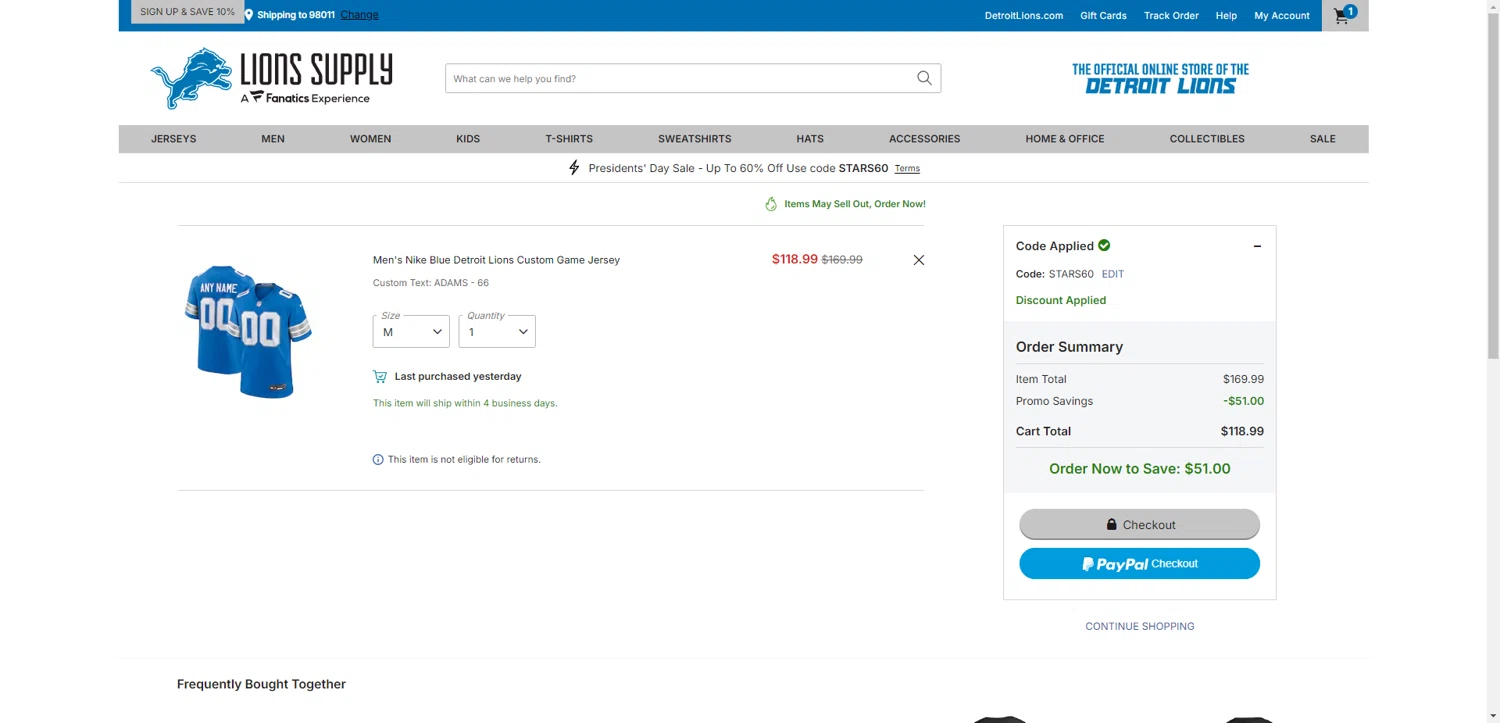 Detroit Lions Shop checkout page showing Detroit Lions Shop promo code box | Screenshot taken by SimplyCodes community member on Feb 14, 2026