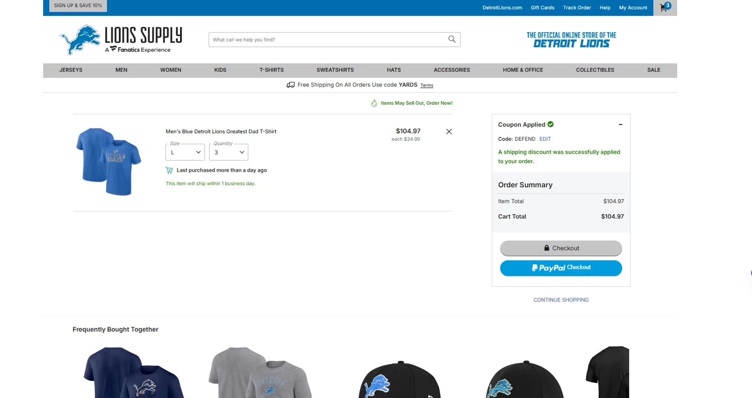 Detroit Lions Shop promo code screenshot showing code DEFEND applied at Detroit Lions Shop checkout page. Uploaded by SimplyCodes community member User404 on Jul 14, 2025