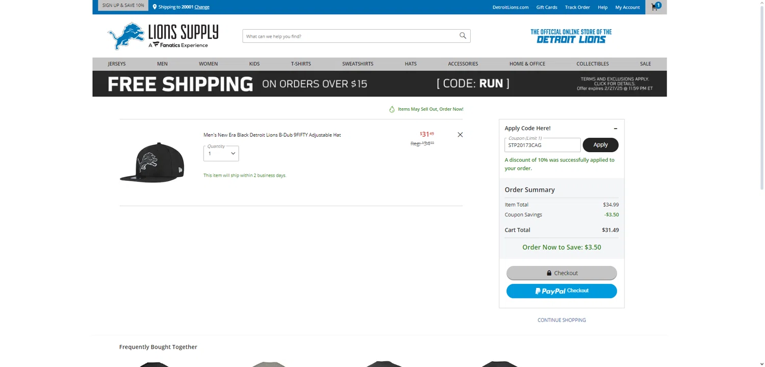 Detroit Lions Shop promo code screenshot showing code STP20173CAG applied at Detroit Lions Shop checkout page. Uploaded by SimplyCodes community member User404 on Feb 20, 2025