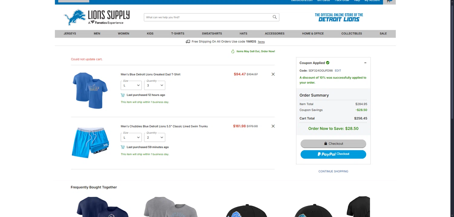 Detroit Lions Shop promo code screenshot showing code SDF324OGIJFD98 applied at Detroit Lions Shop checkout page. Uploaded by SimplyCodes community member User404 on Jul 19, 2025