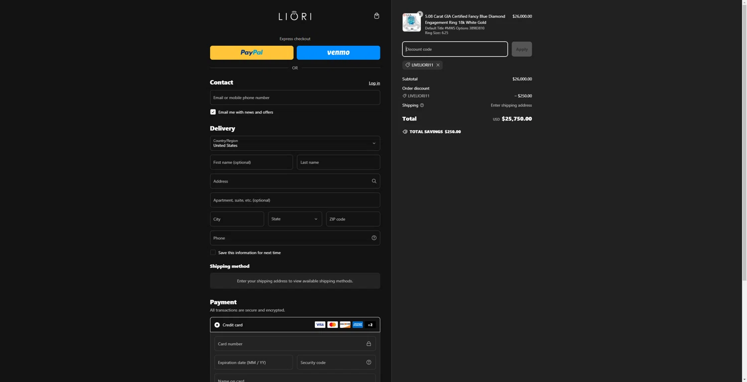 Liori Diamonds discount code screenshot showing code LIVELIORI11 applied at Liori Diamonds checkout page. Uploaded by SimplyCodes community member 1323535 on Mar 9, 2025