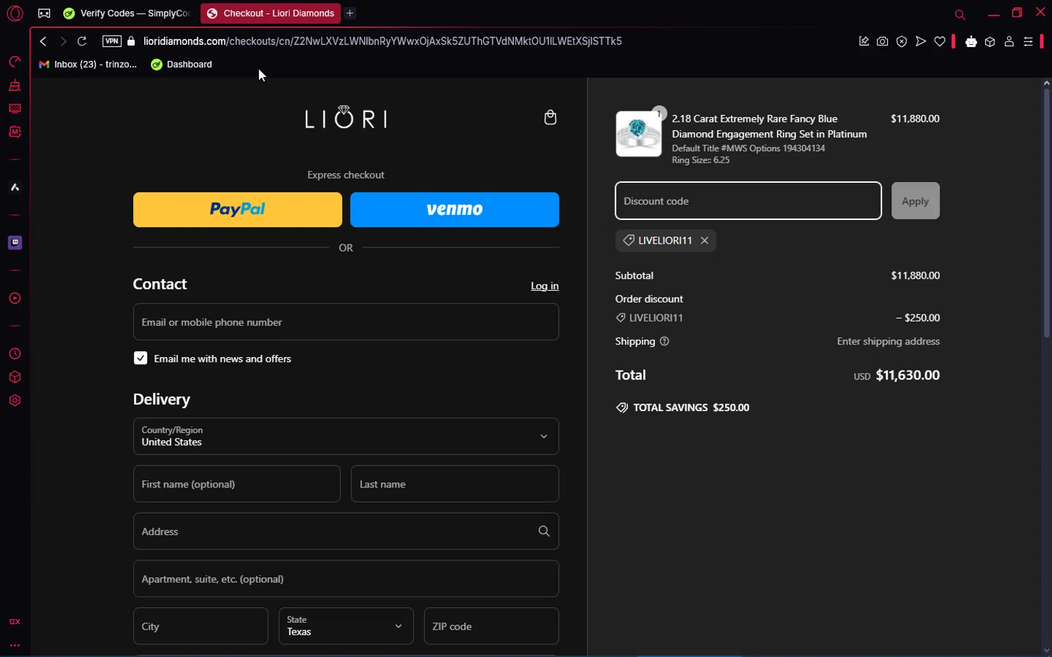 Liori Diamonds discount code screenshot showing code LIVELIORI11 applied at Liori Diamonds checkout page. Uploaded by SimplyCodes community member ShrewdPioneer2612 on Mar 10, 2025