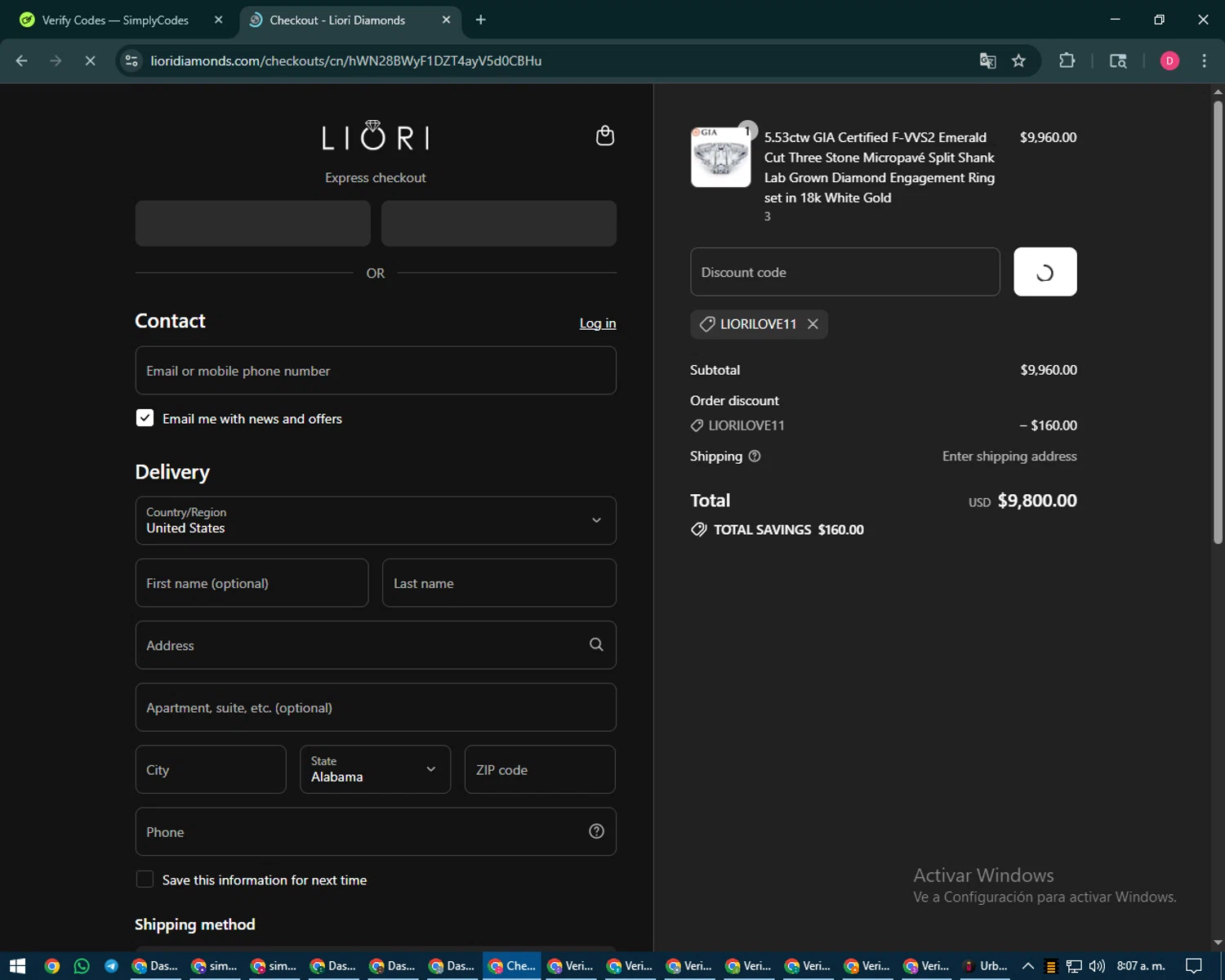 Liori Diamonds discount code screenshot showing code LIORILOVE11 applied at Liori Diamonds checkout page. Uploaded by SimplyCodes community member MoneySeeker7165 on Aug 23, 2025