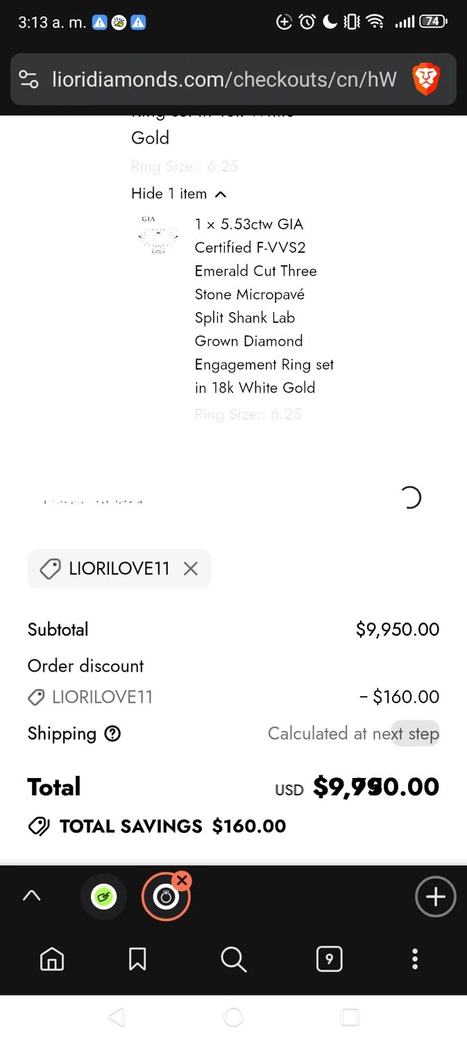 Liori Diamonds discount code screenshot showing code LIORILOVE11 applied at Liori Diamonds checkout page. Uploaded by SimplyCodes community member Vivachavez on Dec 18, 2025