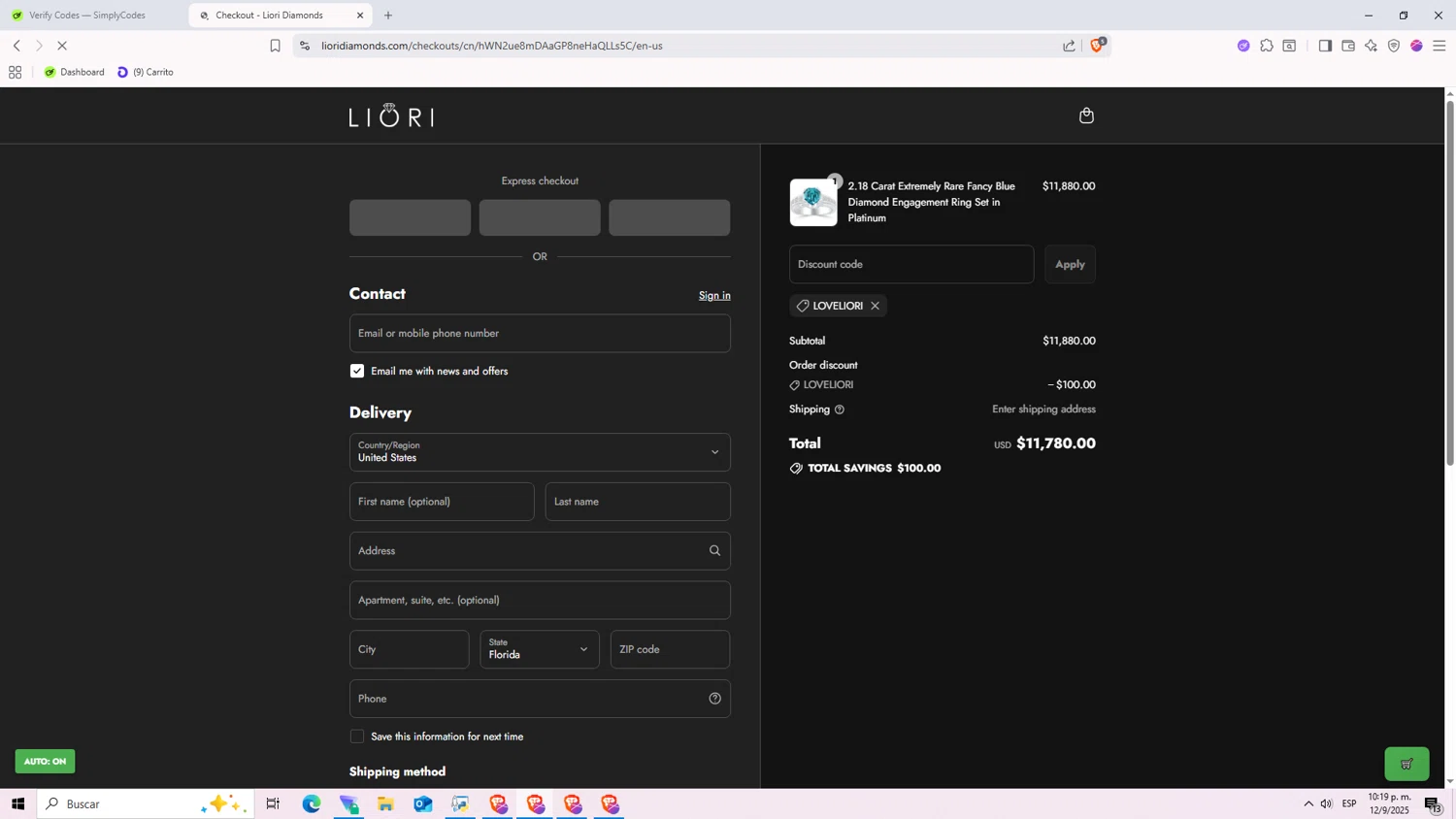 Liori Diamonds discount code screenshot showing code LOVELIORI applied at Liori Diamonds checkout page. Uploaded by SimplyCodes community member Nezukooo on Sep 13, 2025