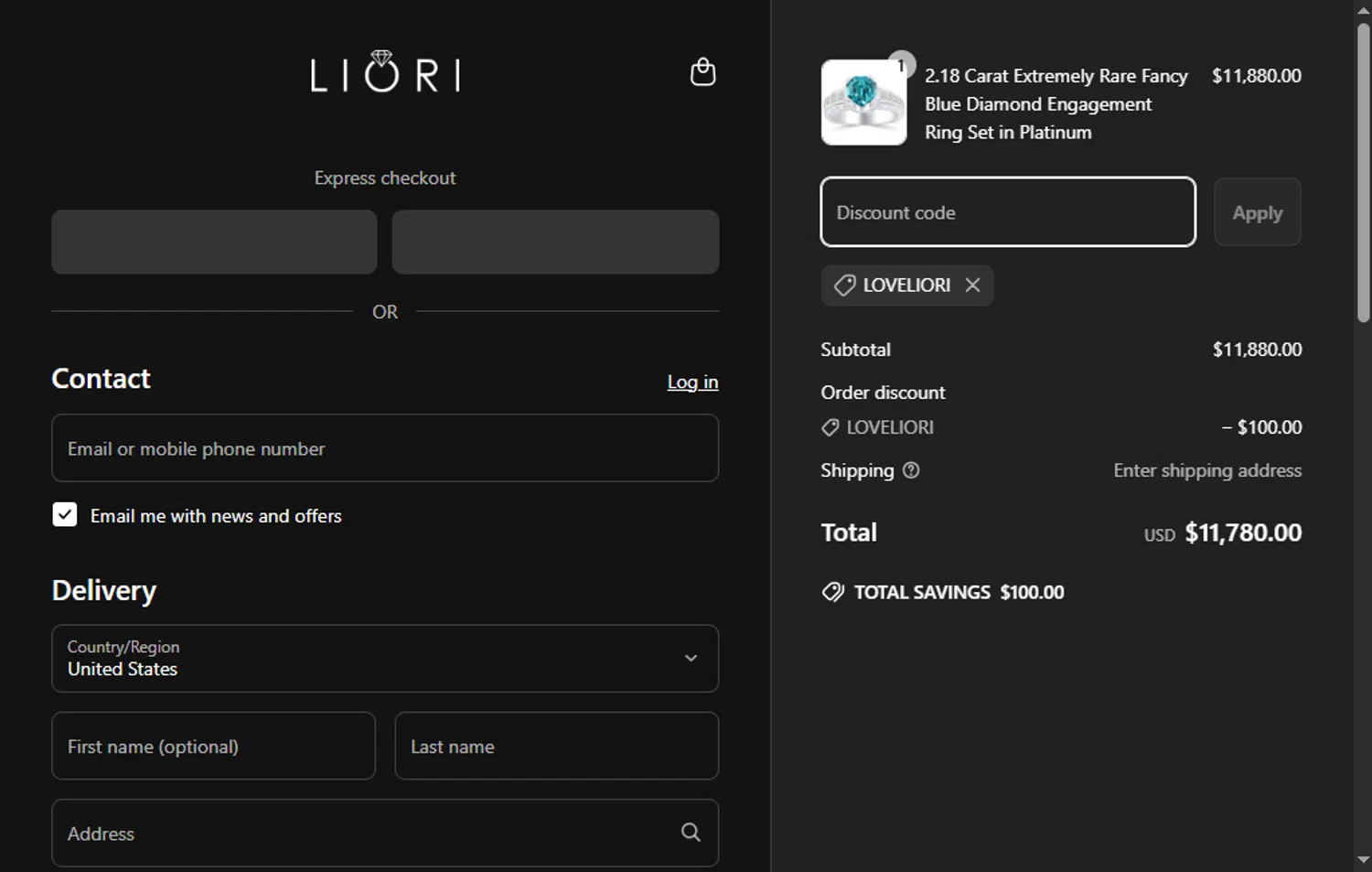 Liori Diamonds discount code screenshot showing code LOVELIORI applied at Liori Diamonds checkout page. Uploaded by SimplyCodes community member GoldPhoenix3793 on Apr 17, 2025