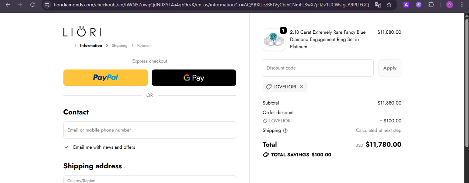 Liori Diamonds discount code screenshot showing code LOVELIORI applied at Liori Diamonds checkout page. Uploaded by SimplyCodes community member firoas on Nov 10, 2025