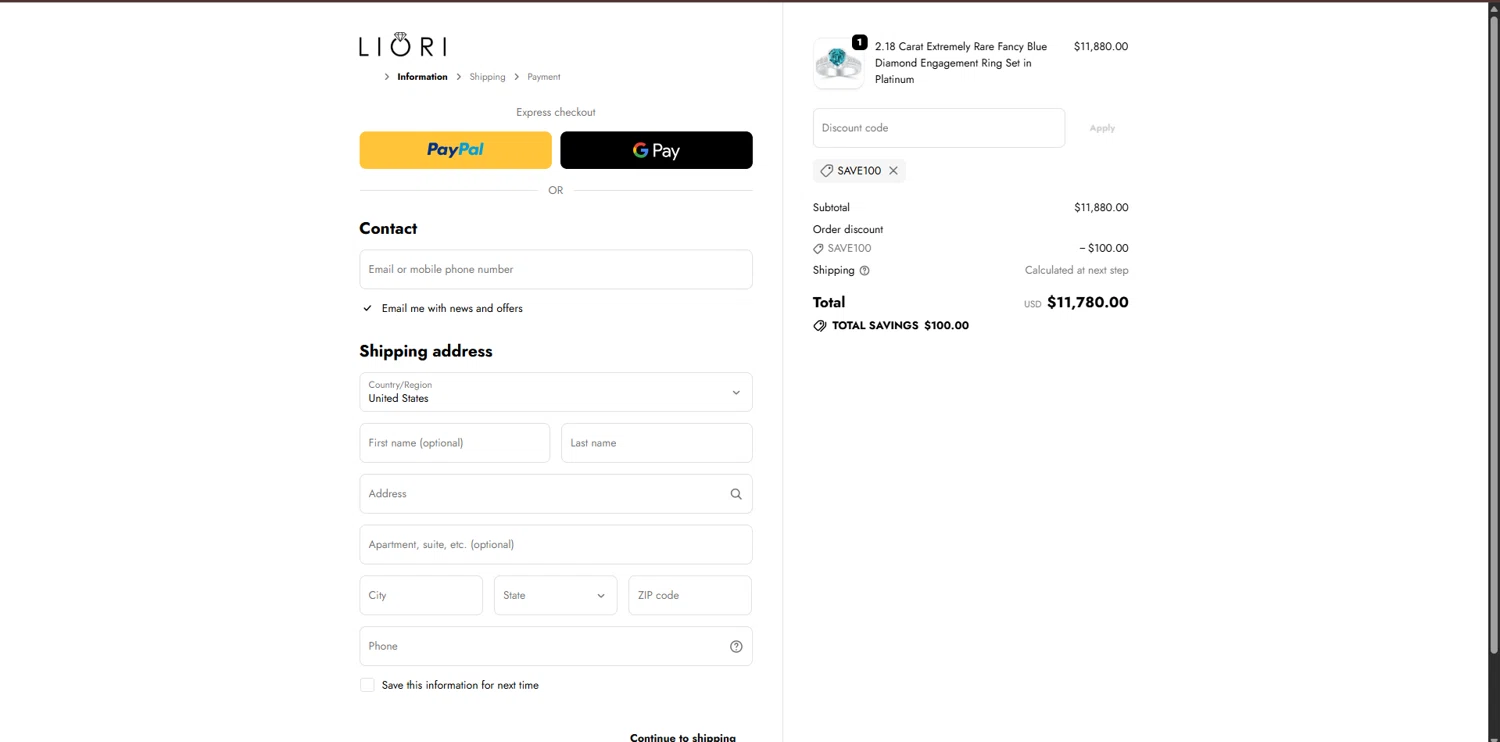 Liori Diamonds discount code screenshot showing code SAVE100 applied at Liori Diamonds checkout page. Uploaded by SimplyCodes community member CouponPro7532 on Oct 15, 2025