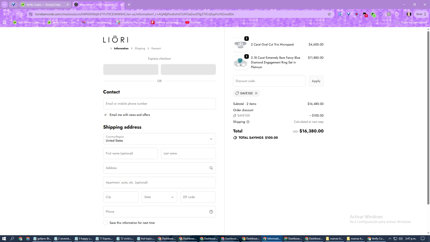 Liori Diamonds discount code screenshot showing code SAVE100 applied at Liori Diamonds checkout page. Uploaded by SimplyCodes community member RAPUNZELLLL on Nov 15, 2025