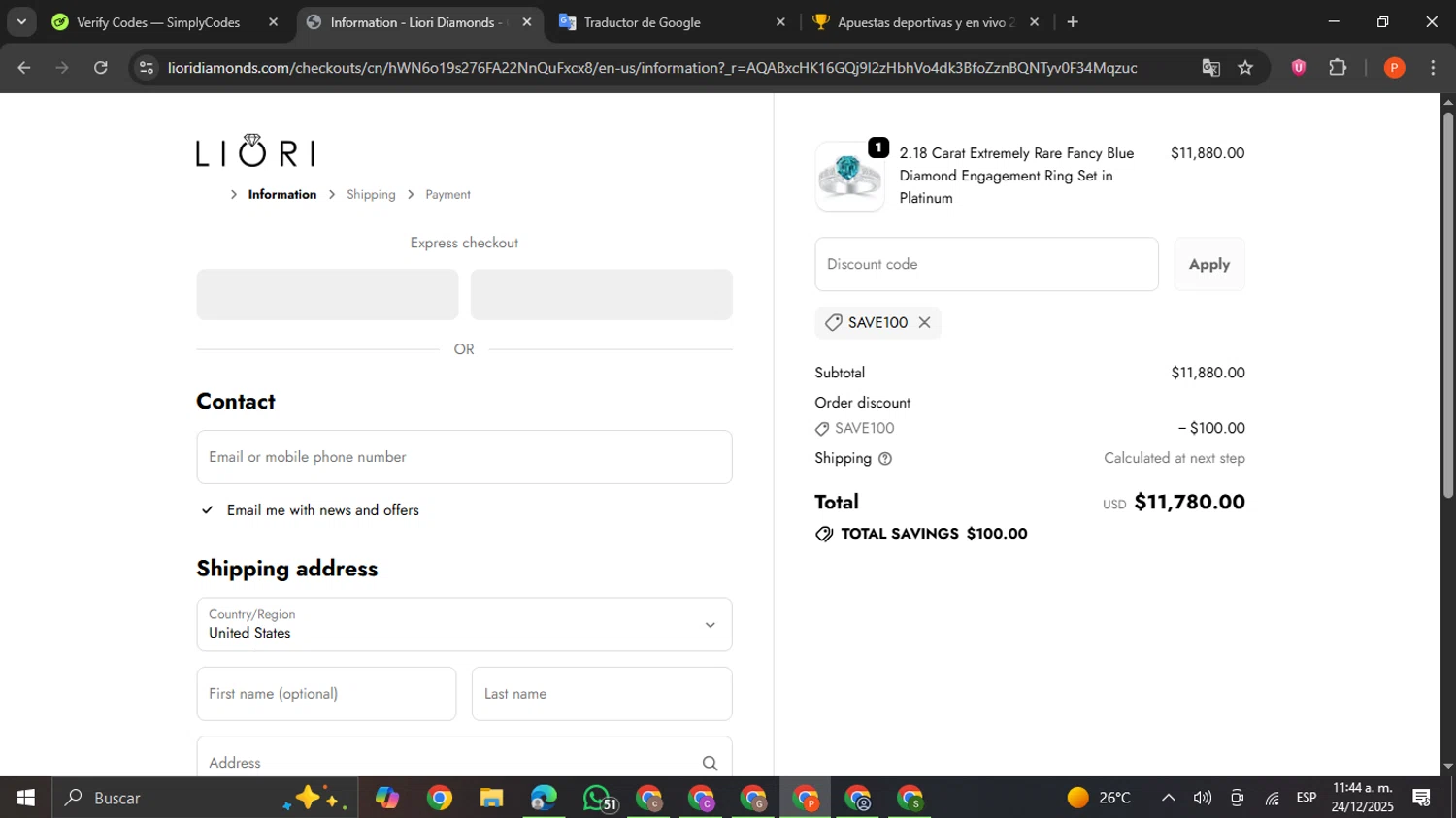 Liori Diamonds discount code screenshot showing code SAVE100 applied at Liori Diamonds checkout page. Uploaded by SimplyCodes community member VictoriousCaptain2658 on Dec 24, 2025